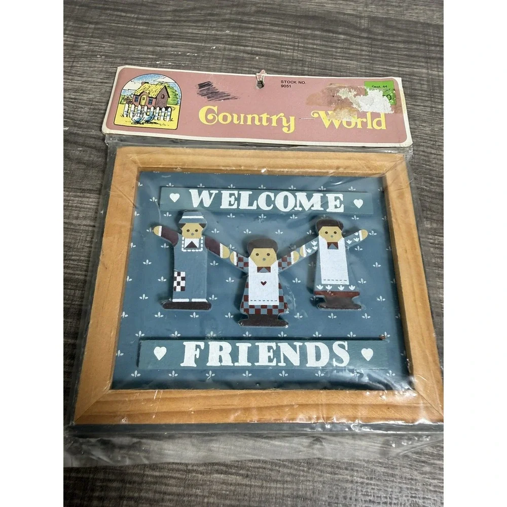 Vintage Folk Art Welcome Sign People Wood Country Friends